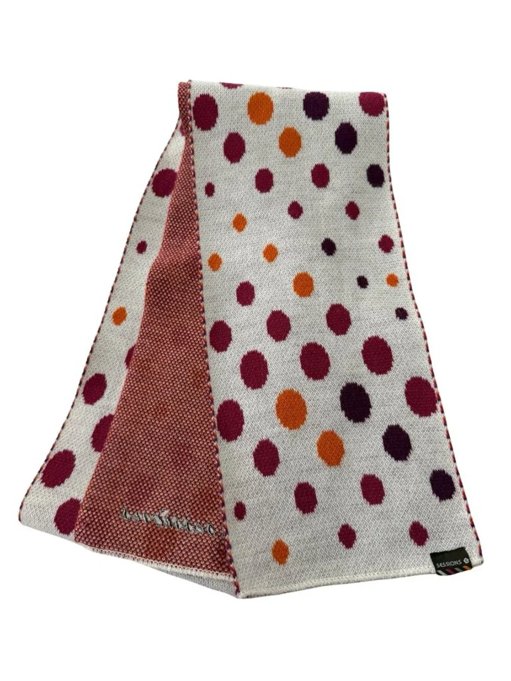 Sessions Y2K Polka Dot Knit Scarf Reversible Burgundy Orange Plum 72 Inch